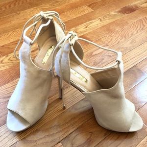 Suede Nude Peep Toe Pumps with Ankle Tie